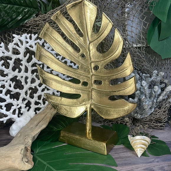 NEW LARGE Metal Brass Monstera Leaf Sculpture COASTAL NAUTICAL BEACH HOME DECOR - Picture 4 of 17
